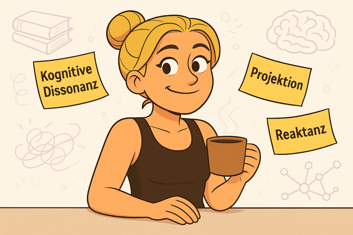 Cartoon-Zeichnung einer lächelnden Frau mit Kaffeetasse, umgeben von gelben Notizzetteln mit psychologischen Fachbegriffen wie „Kognitive Dissonanz“, „Projektion“ und „Reaktanz“ – dargestellt in einem warmen, humorvollen Stil.