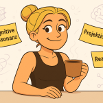 Cartoon-Zeichnung einer lächelnden Frau mit Kaffeetasse, umgeben von gelben Notizzetteln mit psychologischen Fachbegriffen wie „Kognitive Dissonanz“, „Projektion“ und „Reaktanz“ – dargestellt in einem warmen, humorvollen Stil.
