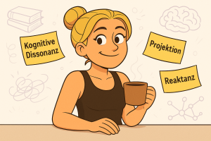 Cartoon-Zeichnung einer lächelnden Frau mit Kaffeetasse, umgeben von gelben Notizzetteln mit psychologischen Fachbegriffen wie „Kognitive Dissonanz“, „Projektion“ und „Reaktanz“ – dargestellt in einem warmen, humorvollen Stil.