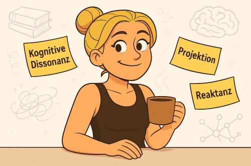 Cartoon-Zeichnung einer lächelnden Frau mit Kaffeetasse, umgeben von gelben Notizzetteln mit psychologischen Fachbegriffen wie „Kognitive Dissonanz“, „Projektion“ und „Reaktanz“ – dargestellt in einem warmen, humorvollen Stil.