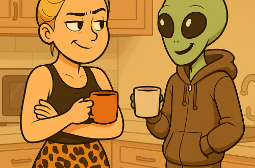Cartoonartige Illustration einer blonden Frau mit hochgesteckten Haaren und schwarzem Top, die mit verschränkten Armen und skeptischem Blick neben einem freundlich lächelnden grünen Alien in einem Hoodie steht; beide halten eine Tasse Kaffee und unterhalten sich in einer gemütlichen Küchenumgebung.
