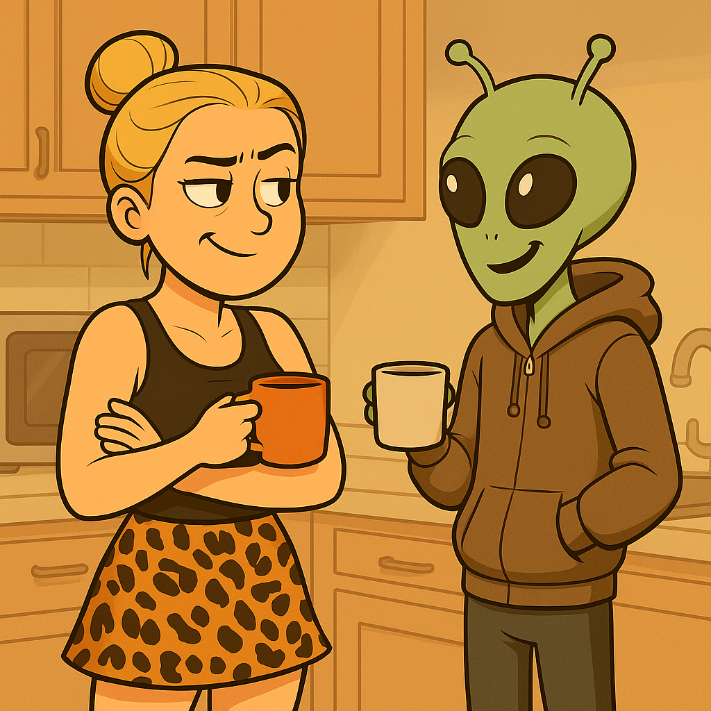 Cartoonartige Illustration einer blonden Frau mit hochgesteckten Haaren und schwarzem Top, die mit verschränkten Armen und skeptischem Blick neben einem freundlich lächelnden grünen Alien in einem Hoodie steht; beide halten eine Tasse Kaffee und unterhalten sich in einer gemütlichen Küchenumgebung.