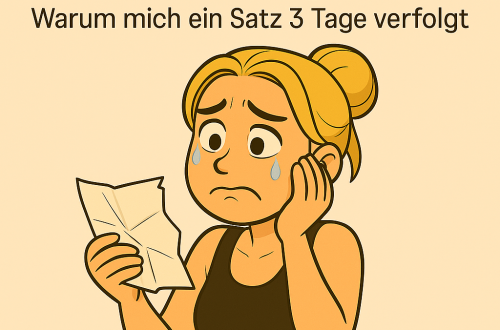 Illustration einer jungen blonden Frau im Cartoon-Stil vor einem beigefarbenen Hintergrund. Sie hält ein zerknittertes Blatt Papier in der einen Hand, schaut traurig und hat Tränen in den Augen. Über ihr steht der Titel 'Kritik & Kopfkino' und der Untertitel 'Warum mich ein Satz 3 Tage verfolgt'