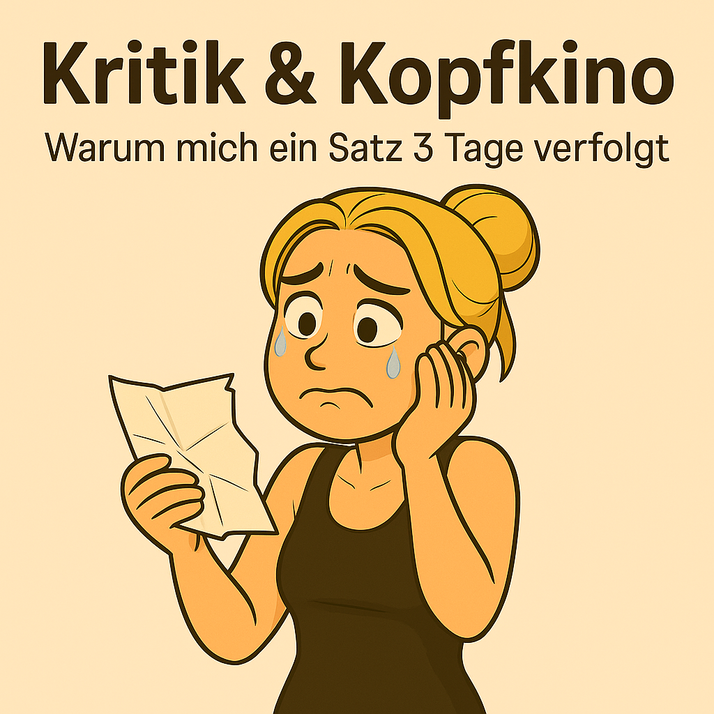 Illustration einer jungen blonden Frau im Cartoon-Stil vor einem beigefarbenen Hintergrund. Sie hält ein zerknittertes Blatt Papier in der einen Hand, schaut traurig und hat Tränen in den Augen. Über ihr steht der Titel 'Kritik & Kopfkino' und der Untertitel 'Warum mich ein Satz 3 Tage verfolgt'
