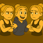 Drei Versionen einer jungen Frau mit Dutt diskutieren heftig miteinander. Die mittlere Figur im Hoodie wirkt lebhaft und gestikulierend, während die beiden äußeren in schwarzen Tops skeptisch und genervt schauen. Der Hintergrund ist goldbraun. Cartoon-Stil, quadratisch.