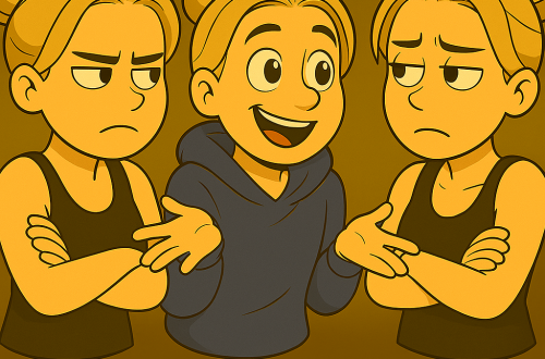 Drei Versionen einer jungen Frau mit Dutt diskutieren heftig miteinander. Die mittlere Figur im Hoodie wirkt lebhaft und gestikulierend, während die beiden äußeren in schwarzen Tops skeptisch und genervt schauen. Der Hintergrund ist goldbraun. Cartoon-Stil, quadratisch.