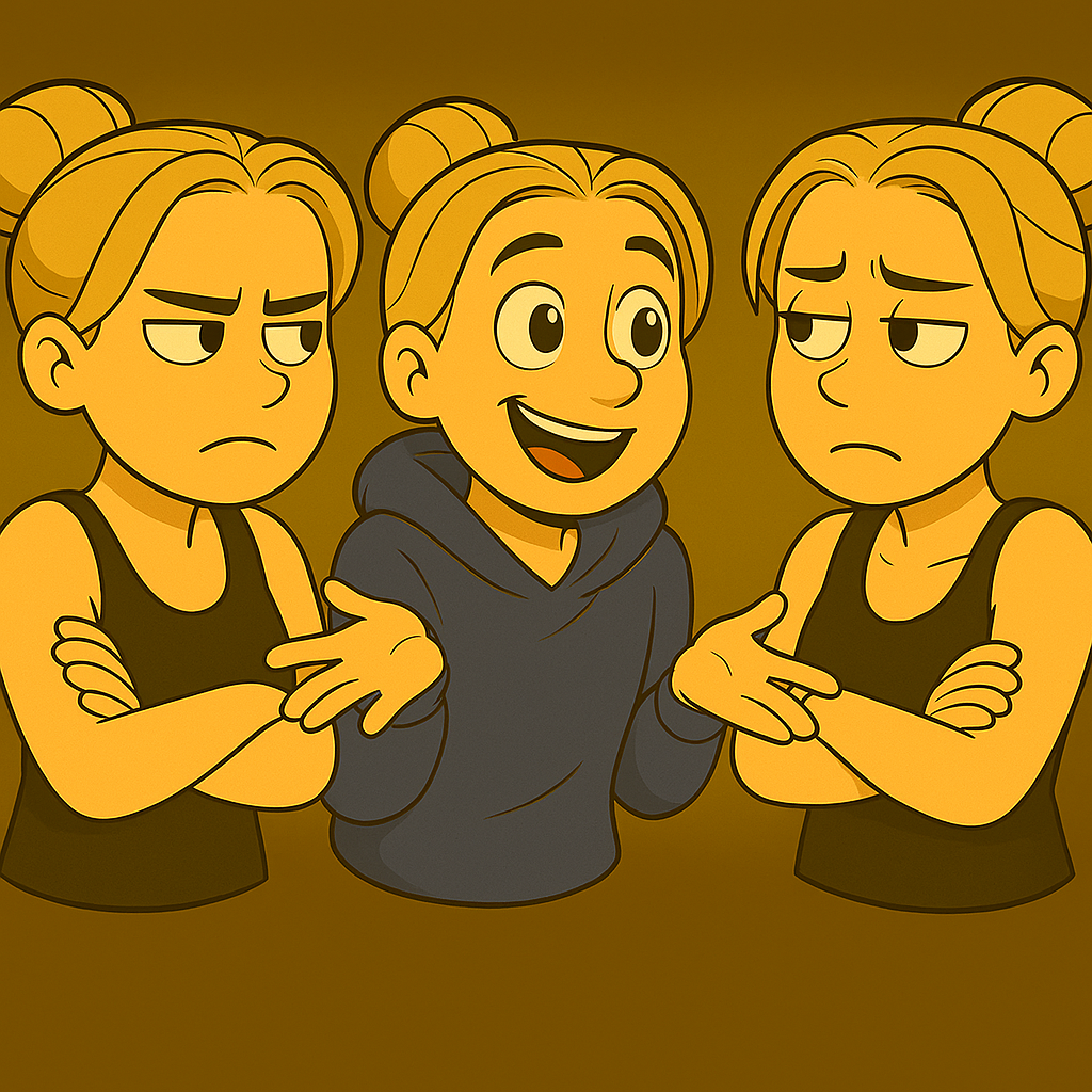 Drei Versionen einer jungen Frau mit Dutt diskutieren heftig miteinander. Die mittlere Figur im Hoodie wirkt lebhaft und gestikulierend, während die beiden äußeren in schwarzen Tops skeptisch und genervt schauen. Der Hintergrund ist goldbraun. Cartoon-Stil, quadratisch.
