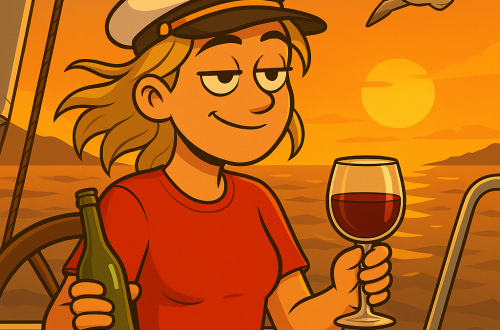 Cartoon-Zeichnung einer lässigen Frau mit Kapitänsmütze und rotem T-Shirt, die in der Abendsonne entspannt auf einem Segelboot sitzt. In der einen Hand hält sie ein Bier, in der anderen ein Glas Rotwein. Im Hintergrund geht die Sonne über dem Meer unter, eine Möwe fliegt durchs Bild. Die Frau wirkt zufrieden, leicht ironisch – ein perfekter Segelabend mit doppelter Getränkestrategie.