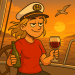 Cartoon-Zeichnung einer lässigen Frau mit Kapitänsmütze und rotem T-Shirt, die in der Abendsonne entspannt auf einem Segelboot sitzt. In der einen Hand hält sie ein Bier, in der anderen ein Glas Rotwein. Im Hintergrund geht die Sonne über dem Meer unter, eine Möwe fliegt durchs Bild. Die Frau wirkt zufrieden, leicht ironisch – ein perfekter Segelabend mit doppelter Getränkestrategie.