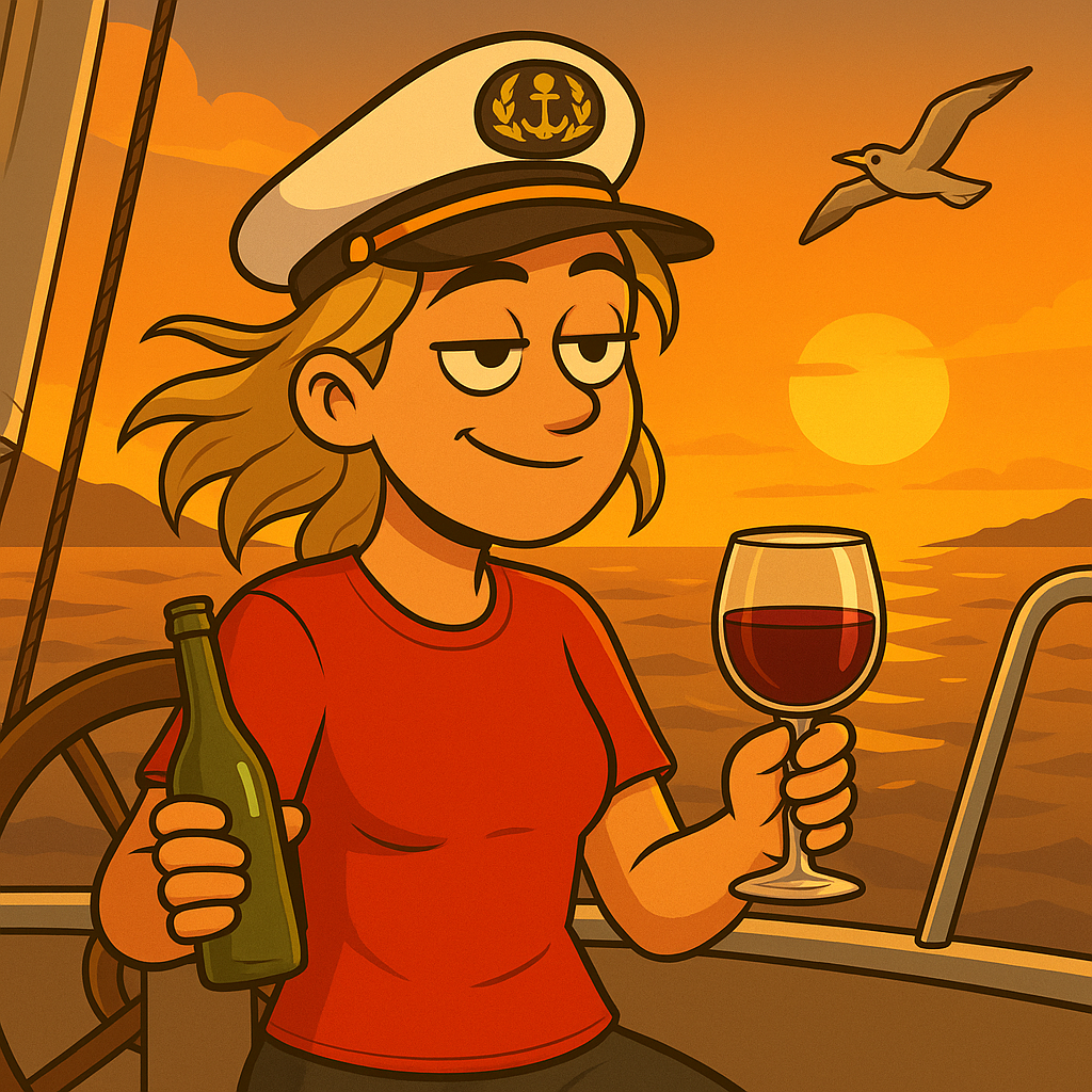 Cartoon-Zeichnung einer lässigen Frau mit Kapitänsmütze und rotem T-Shirt, die in der Abendsonne entspannt auf einem Segelboot sitzt. In der einen Hand hält sie ein Bier, in der anderen ein Glas Rotwein. Im Hintergrund geht die Sonne über dem Meer unter, eine Möwe fliegt durchs Bild. Die Frau wirkt zufrieden, leicht ironisch – ein perfekter Segelabend mit doppelter Getränkestrategie.