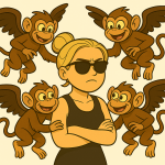 Illustration im Cartoon-Stil: Eine junge Frau mit blondem Dutt, schwarzem Top und Sonnenbrille steht mit verschränkten Armen im Mittelpunkt. Um sie herum schwirren fünf fliegende, lachende Affen mit Flügeln. Ihr Gesichtsausdruck ist genervt und unbeeindruckt.
