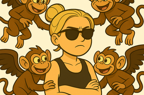 Illustration im Cartoon-Stil: Eine junge Frau mit blondem Dutt, schwarzem Top und Sonnenbrille steht mit verschränkten Armen im Mittelpunkt. Um sie herum schwirren fünf fliegende, lachende Affen mit Flügeln. Ihr Gesichtsausdruck ist genervt und unbeeindruckt.