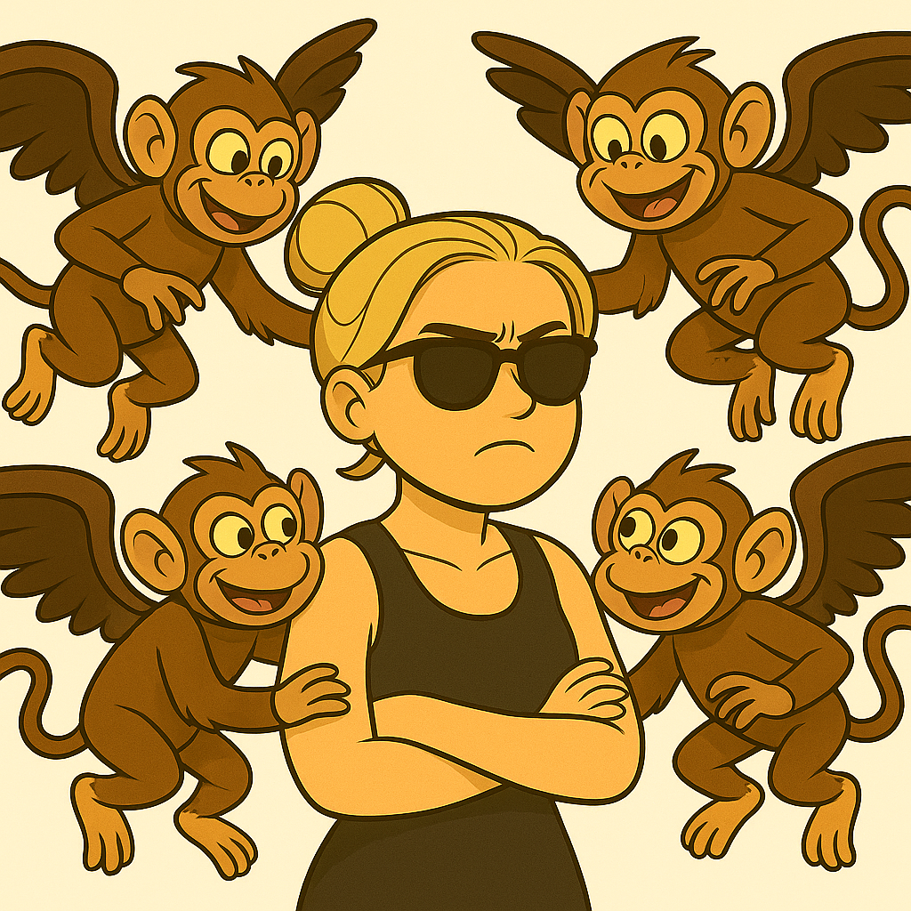 Illustration im Cartoon-Stil: Eine junge Frau mit blondem Dutt, schwarzem Top und Sonnenbrille steht mit verschränkten Armen im Mittelpunkt. Um sie herum schwirren fünf fliegende, lachende Affen mit Flügeln. Ihr Gesichtsausdruck ist genervt und unbeeindruckt.