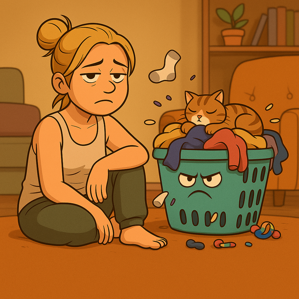 Frau sitzt verzweifelt vor einem vollem Wäschekorb, der finster schaut.