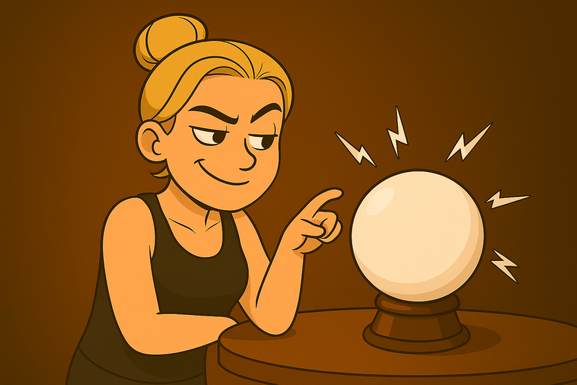 Frau schaut mit wissendem Blick in eine leuchtende Kristallkugel – sinnbildlich für den Glauben an psychologische Vorhersagen oder Mythen