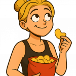 Illustration einer lächelnden Frau mit Heiligenschein, die Chips isst – Symbol für den inneren Konflikt zwischen Genuss und moralischem Anspruch.