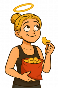 Illustration einer lächelnden Frau mit Heiligenschein, die Chips isst – Symbol für den inneren Konflikt zwischen Genuss und moralischem Anspruch.