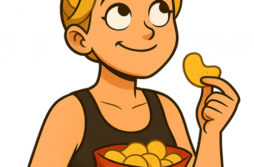 Illustration einer lächelnden Frau mit Heiligenschein, die Chips isst – Symbol für den inneren Konflikt zwischen Genuss und moralischem Anspruch.