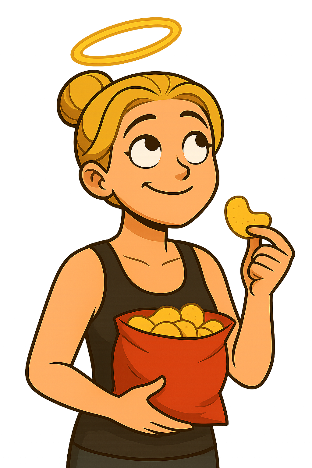 Illustration einer lächelnden Frau mit Heiligenschein, die Chips isst – Symbol für den inneren Konflikt zwischen Genuss und moralischem Anspruch.