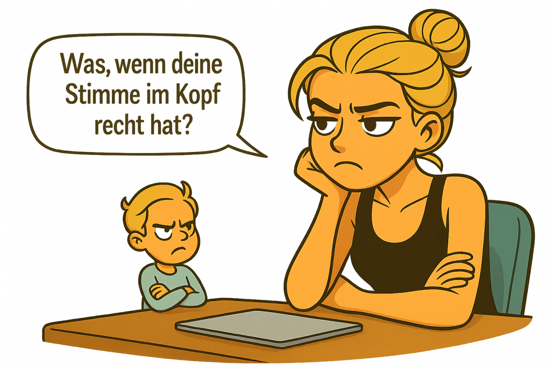 Frau sitzt am Schreibtisch und unterhält sich mit ihrem inneren Kritiker