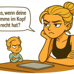 Frau sitzt am Schreibtisch und unterhält sich mit ihrem inneren Kritiker