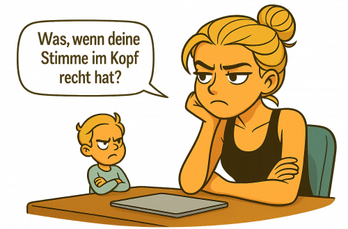 Frau sitzt am Schreibtisch und unterhält sich mit ihrem inneren Kritiker